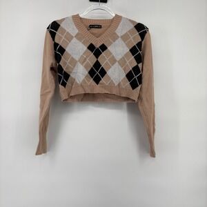 Zaful Tan and Black Argyle V-Neck Sweater